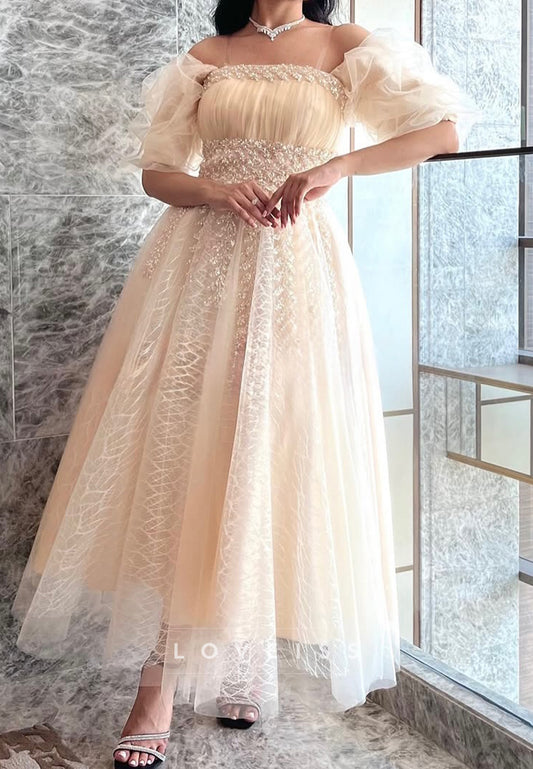 Square Puff Sleeves Beaded A-Line Tulle Prom Dress