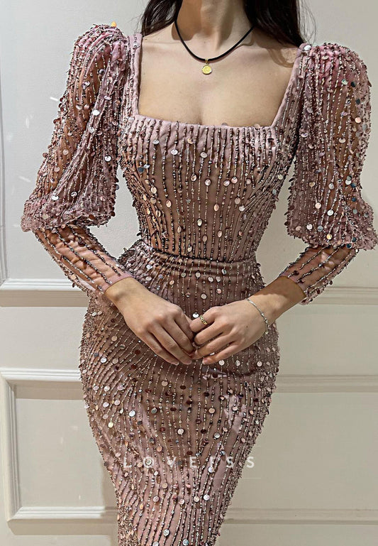 Square Puff Sleeves Beaded Sparkly Mermaid Prom Dress