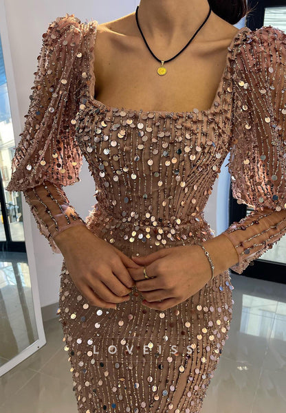 Square Puff Sleeves Beaded Sparkly Mermaid Prom Dress