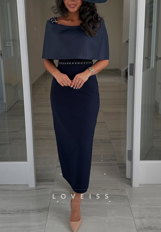 Square Short Sleeves Beaded Sleek Sheath Mother of Bride Dress