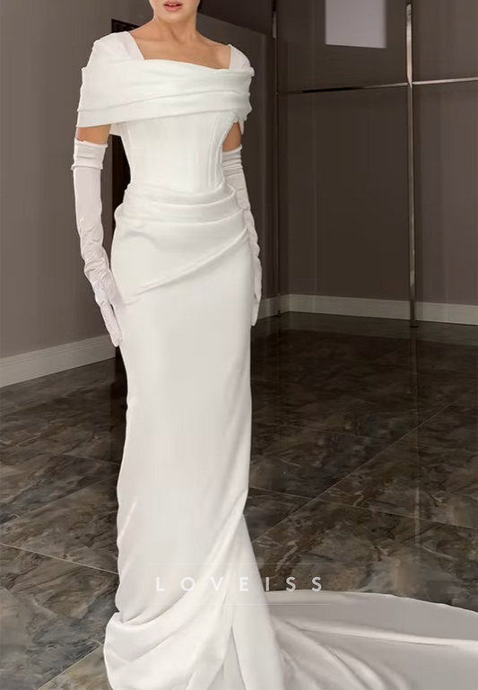 Square Short Sleeves Pleated Sleek Satin Sheath Wedding Dress