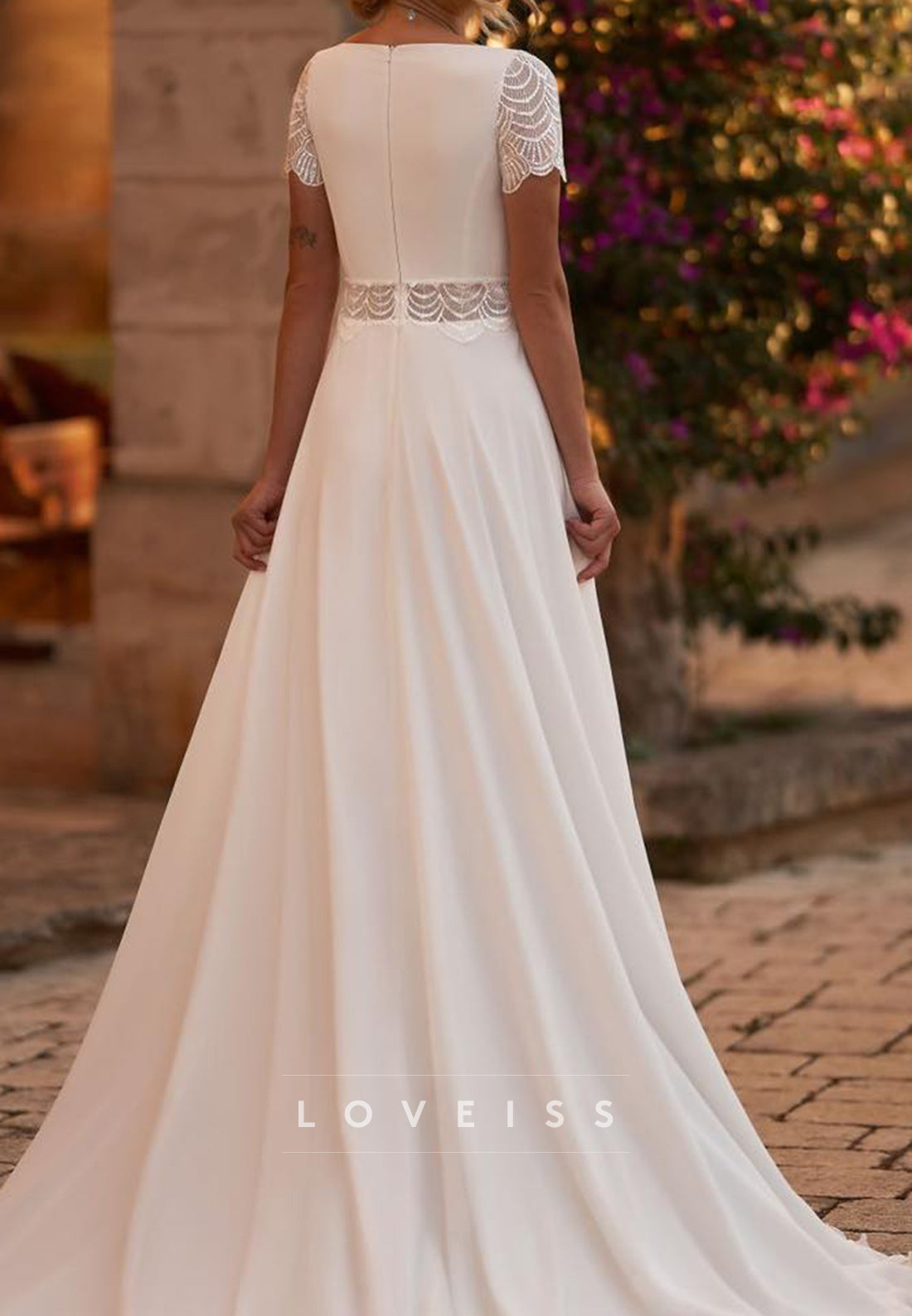 Square Short Sleeves Sleek A-Line Boho Wedding Dress