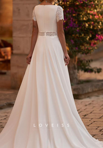 Square Short Sleeves Sleek A-Line Boho Wedding Dress