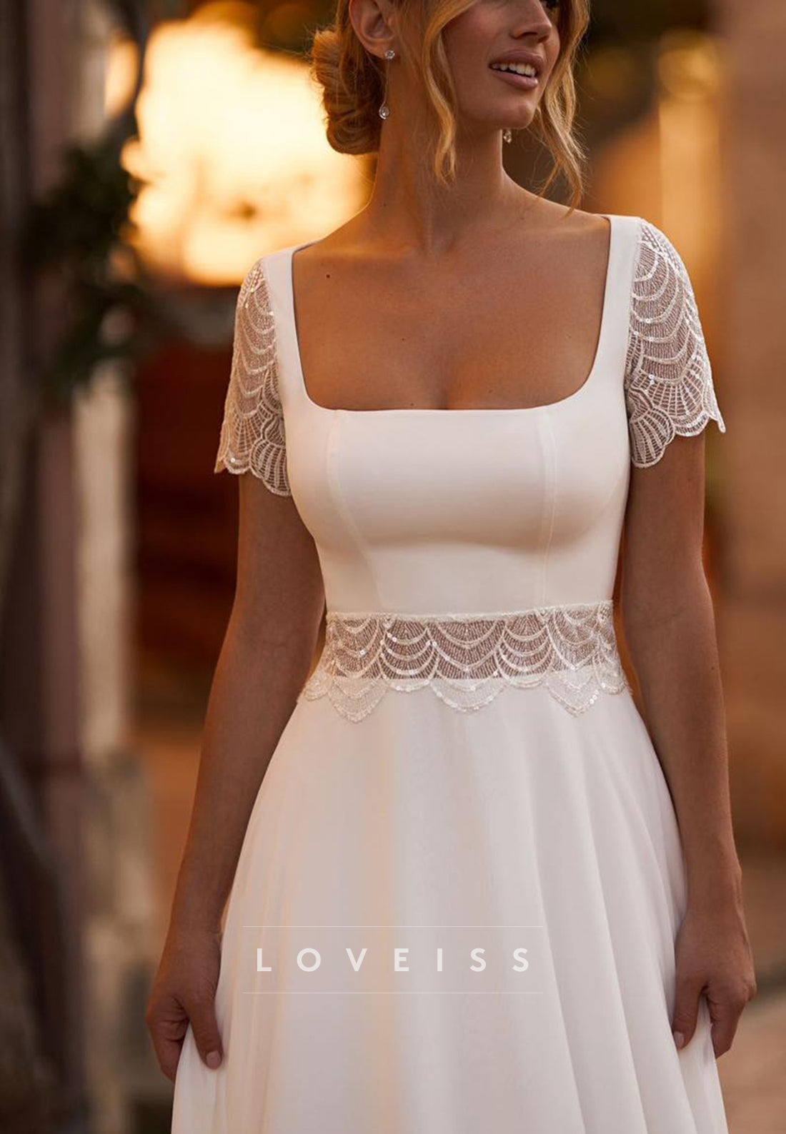 Square Short Sleeves Sleek A-Line Boho Wedding Dress