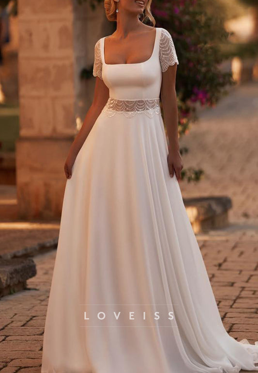 Square Short Sleeves Sleek A-Line Boho Wedding Dress