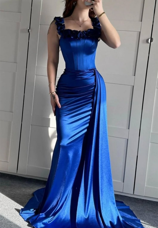 Square Sleeveless 3D Floral Ruched Sheath Prom Dress