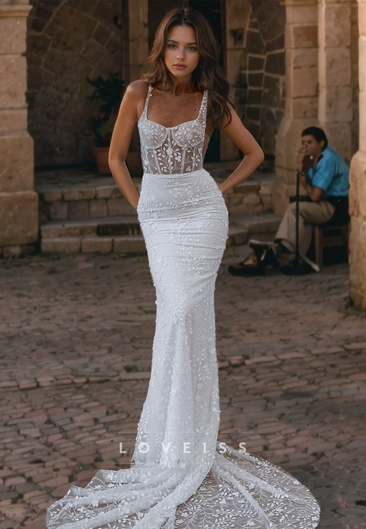 Square Sleeveless Appliques Backless Mermaid Beach Wedding Dress