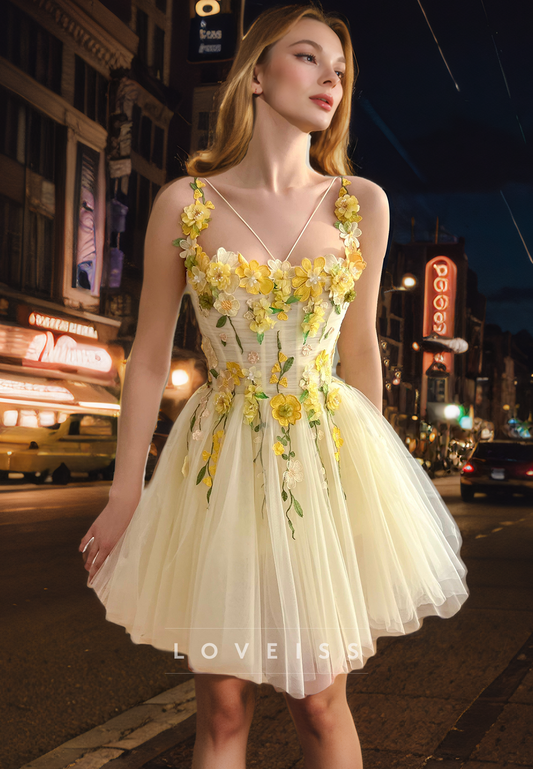 Square Sleeveless Floral Embellished Tulle A-Line Homecoming Dress