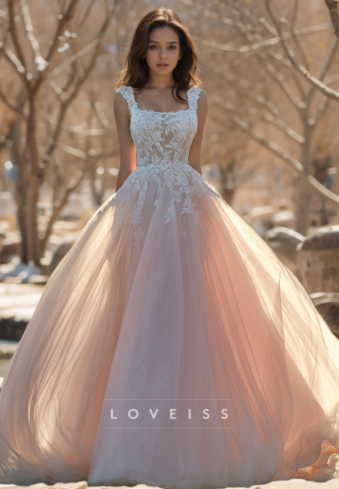 Square Sleeveless Lace Appliques Tulle A-Line Wedding Dress