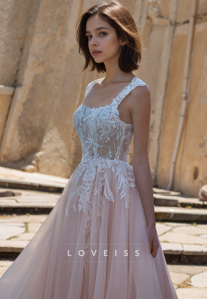 Square Sleeveless Lace Appliques Tulle A-Line Wedding Dress