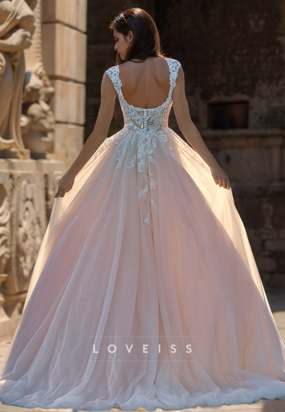 Square Sleeveless Lace Appliques Tulle A-Line Wedding Dress