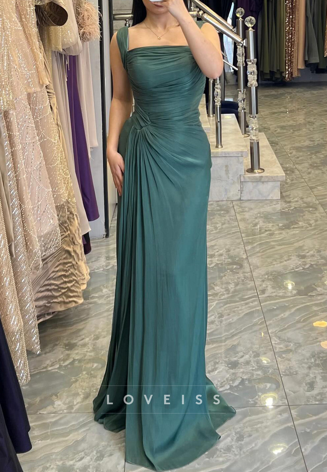 Square Sleeveless Pleated Sheath Formal Dress