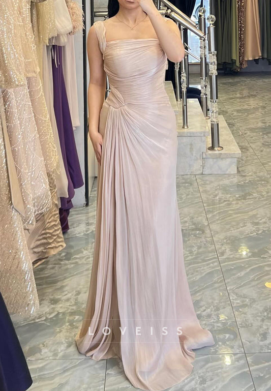 Square Sleeveless Pleated Sheath Formal Dress