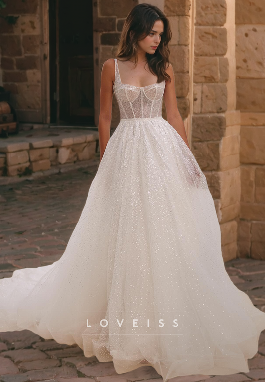 Square Sleeveless Tulle Pleated A-Line Wedding Dress