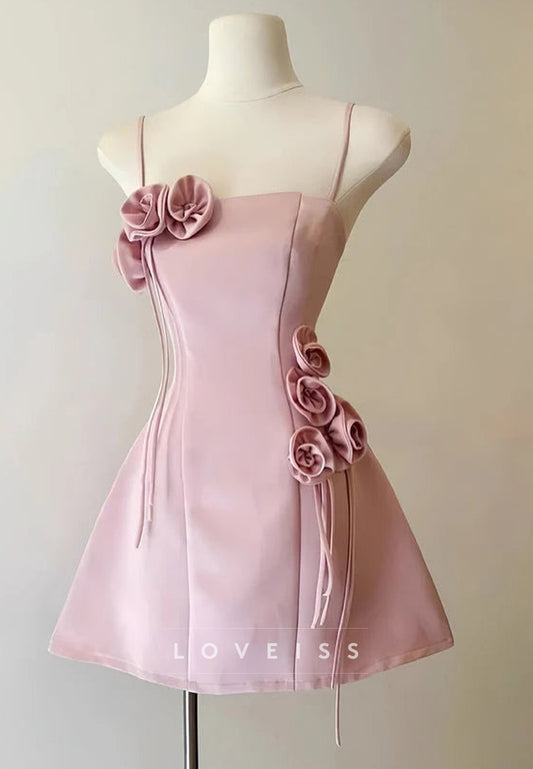Square Spaghetti Straps 3D Floral A-Line Party Homeecoming Dress