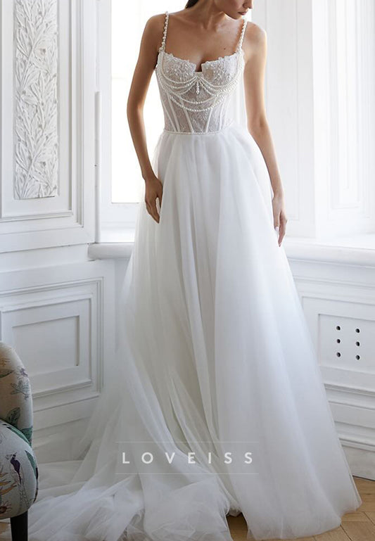 Square Spaghetti Straps Appliques Pearl  A-Line Wedding Dress