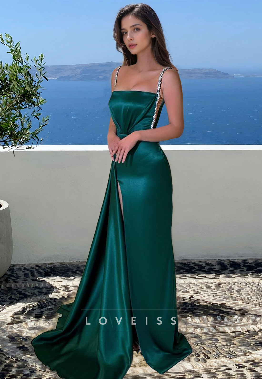 Square Spaghetti Straps Beaded Side Slit Sheath Prom Dress