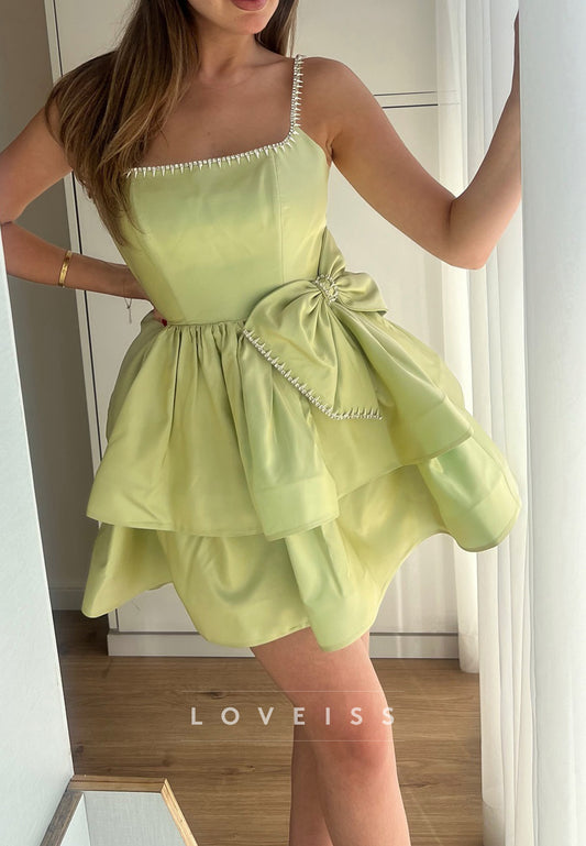 Square Spaghetti Straps Beaded Tiered A-Line Homecoming Dress