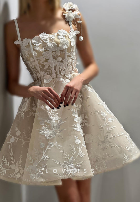 Square Spaghetti Straps Floral Appliques  A-Line Short Party Homecoming Dress