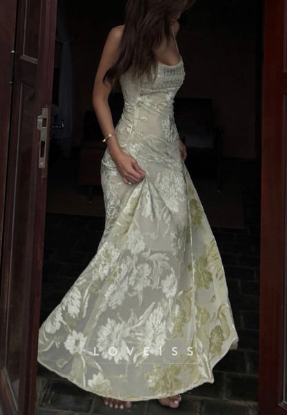 Square Spaghetti Straps Floral Printed Mermaid Prom Dress