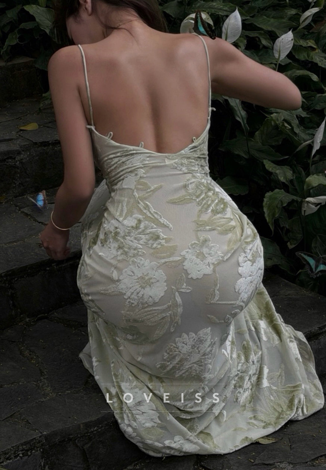 Square Spaghetti Straps Floral Printed Mermaid Prom Dress