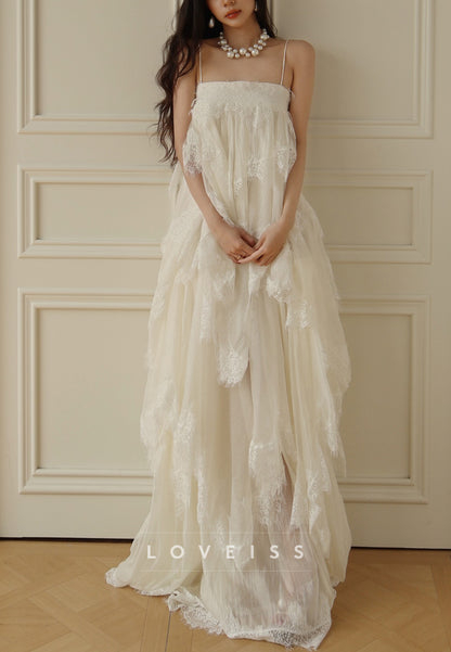 Square Spaghetti Straps Lace Appliques Tiered A-Line Wedding Dress