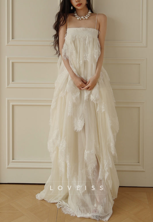 Square Spaghetti Straps Lace Appliques Tiered A-Line Wedding Dress