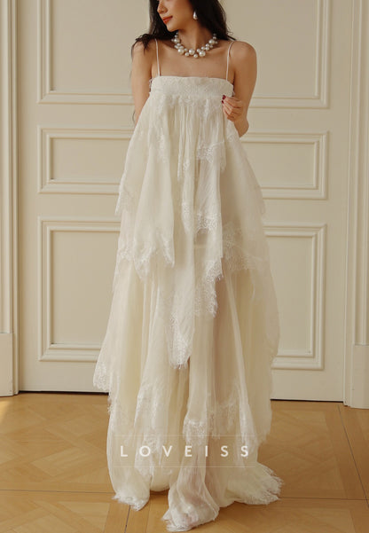 Square Spaghetti Straps Lace Appliques Tiered A-Line Wedding Dress