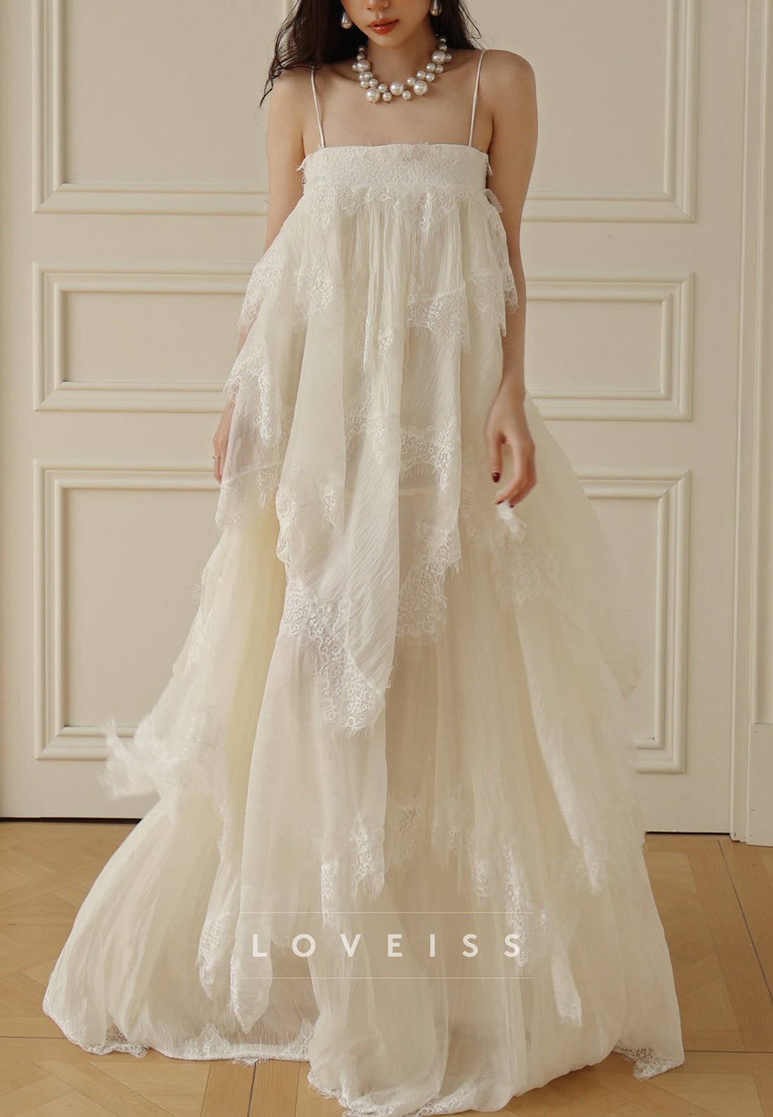 Square Spaghetti Straps Lace Appliques Tiered A-Line Wedding Dress