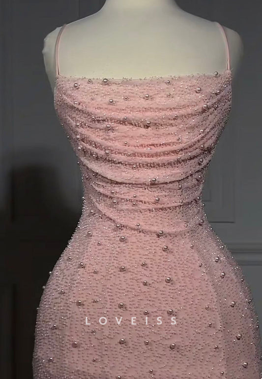 Square Spaghetti Straps Pearl Sheath Party Homecoming Dress