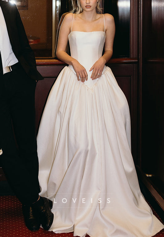 Square Spaghetti Straps Pleated A-Line Satin Wedding Dress