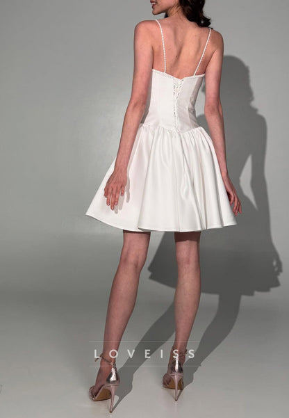 Square Spaghetti Straps Pleated  A-Line Short Wedding Dress