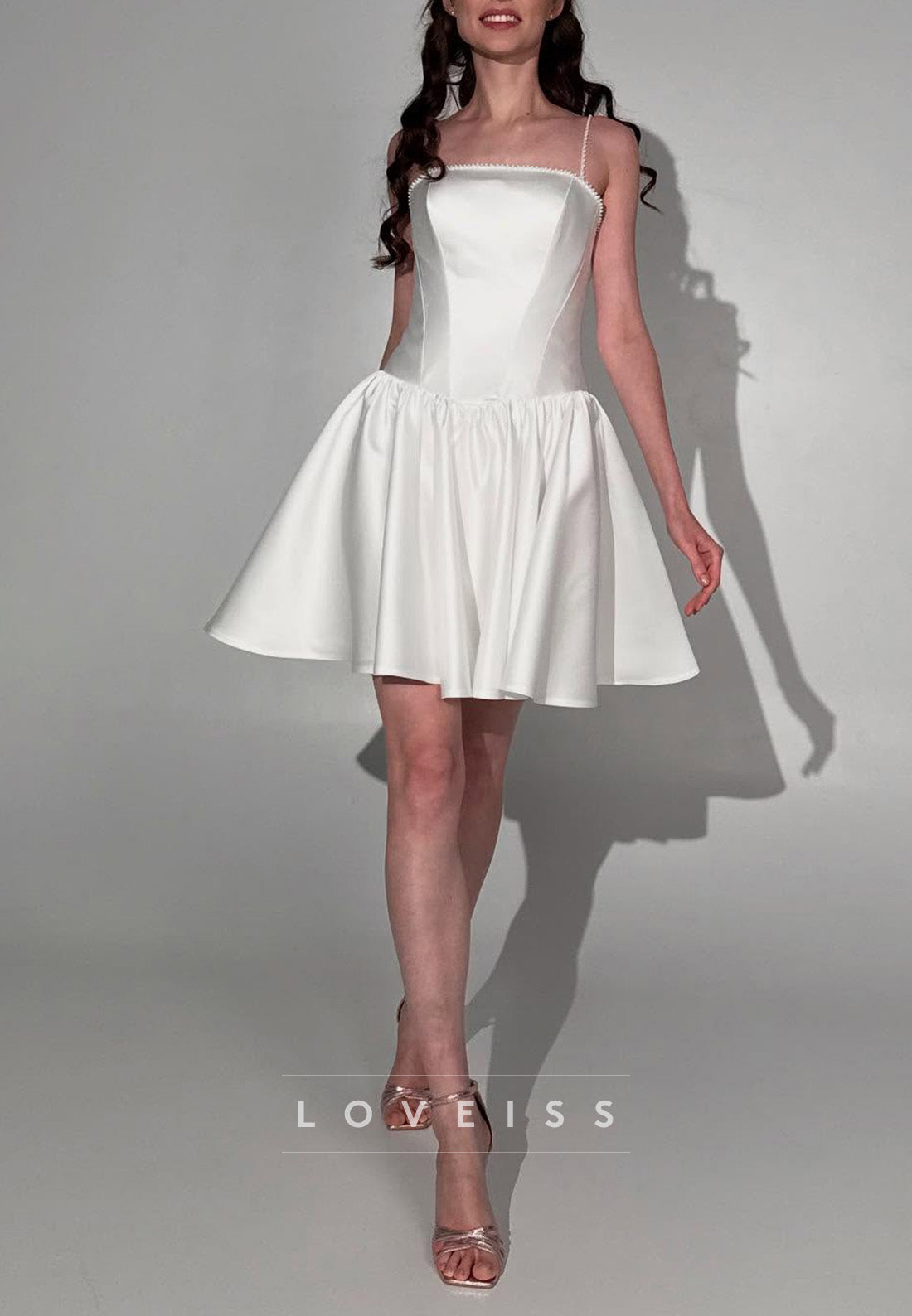 Square Spaghetti Straps Pleated  A-Line Short Wedding Dress
