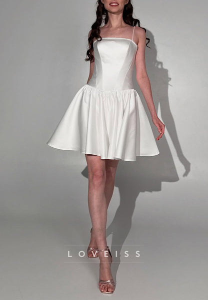 Square Spaghetti Straps Pleated  A-Line Short Wedding Dress