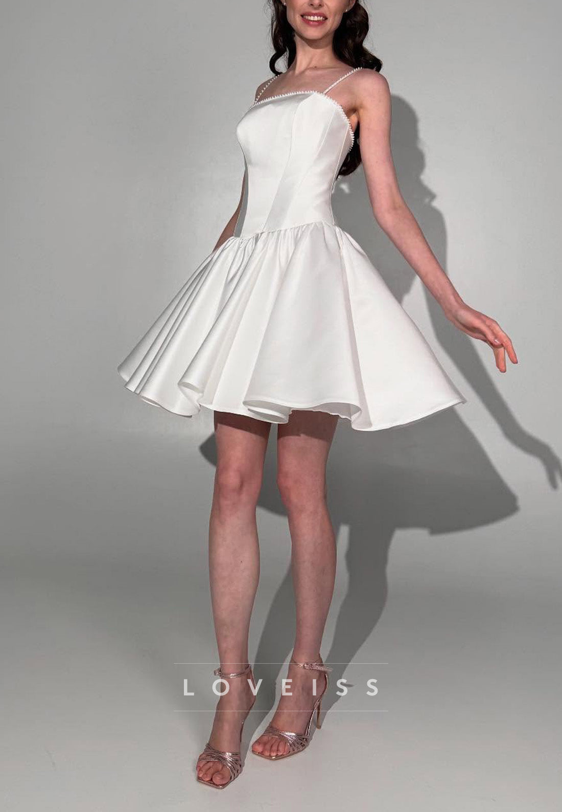 Square Spaghetti Straps Pleated  A-Line Short Wedding Dress
