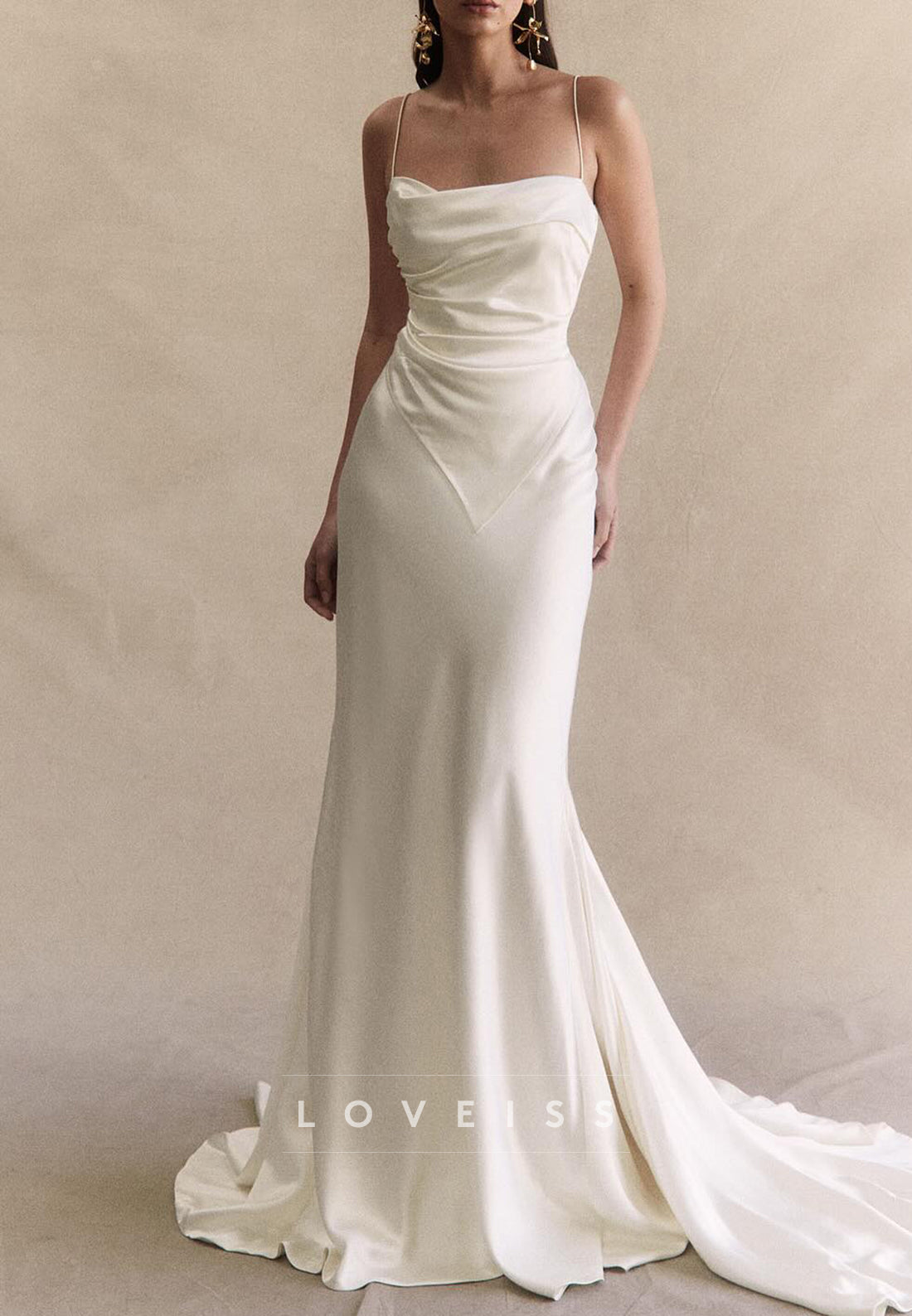 Square Spaghetti Straps Pleated Sleek Sheath Wedding Dress