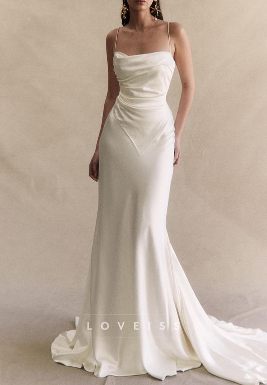 Square Spaghetti Straps Pleated Sleek Sheath Wedding Dress