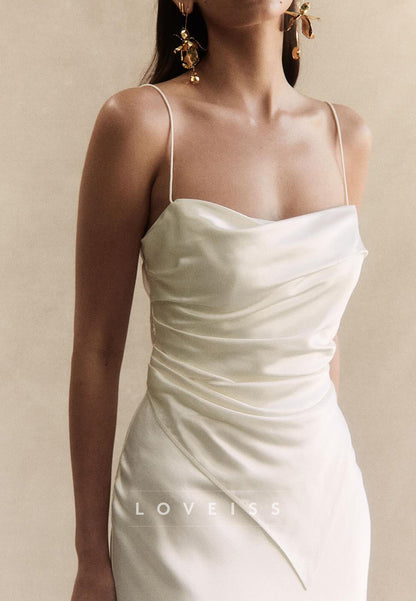 Square Spaghetti Straps Pleated Sleek Sheath Wedding Dress