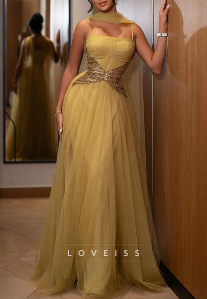 Square Spaghetti Straps Sequins Pleated Tulle A-Line Prom Dress
