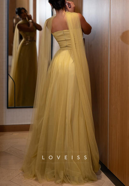 Square Spaghetti Straps Sequins Pleated Tulle A-Line Prom Dress