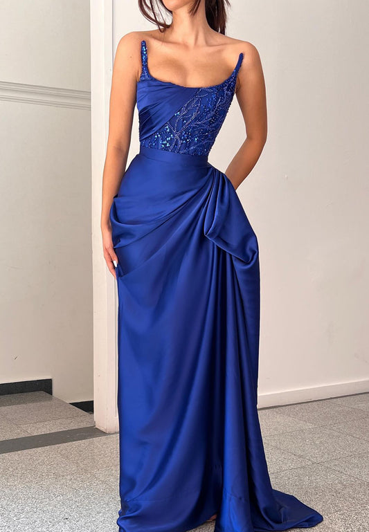 Square Strapless Sequins Pleated Sheath Prom Dress