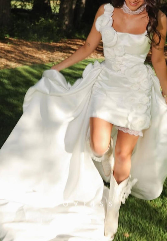 Square Straps 3D Floral A-Line Short Wedding Dress