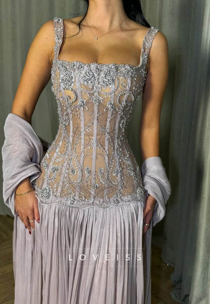 Square Straps Appliques Beaded A-Line Prom Dress