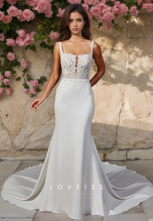 Square Straps Appliques Sleek Mermaid Wedding Dress