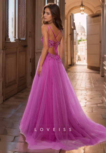 Square Straps Appliques Tulle A-Line Prom Dress