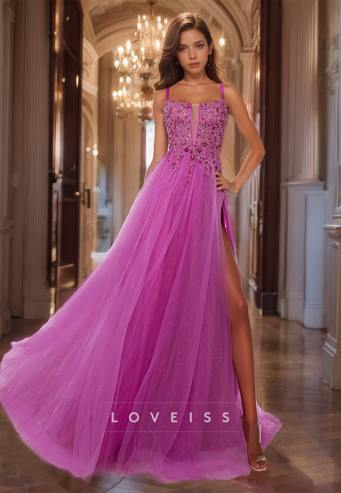 Square Straps Appliques Tulle A-Line Prom Dress