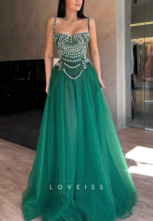 Square Straps Beaded Green Tulle A-Line Prom Dress