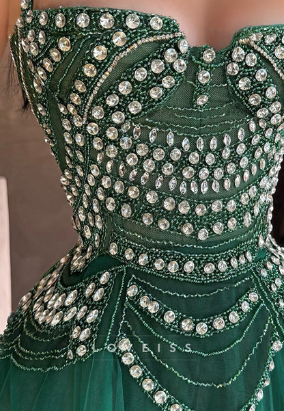 Square Straps Beaded Green Tulle A-Line Prom Dress