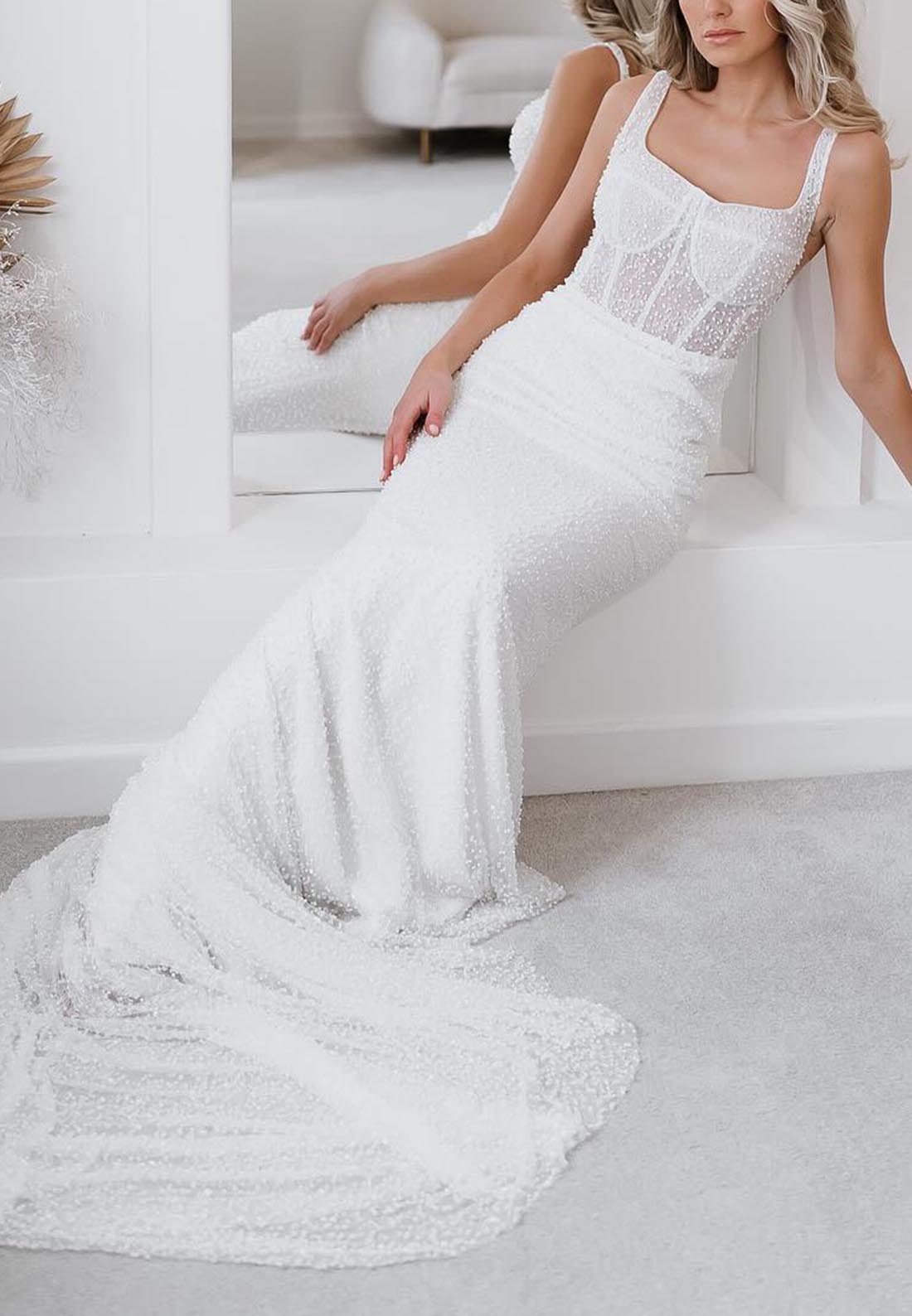 Square Straps Beaded Embroidery Mermaid Wedding Dress