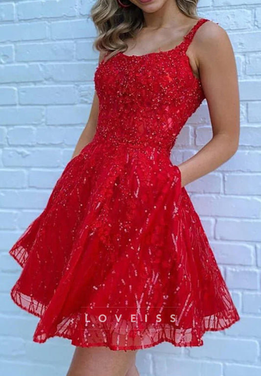 Square Straps Beaded Embroidery Sparkly A-Line Party Homecoming Dress